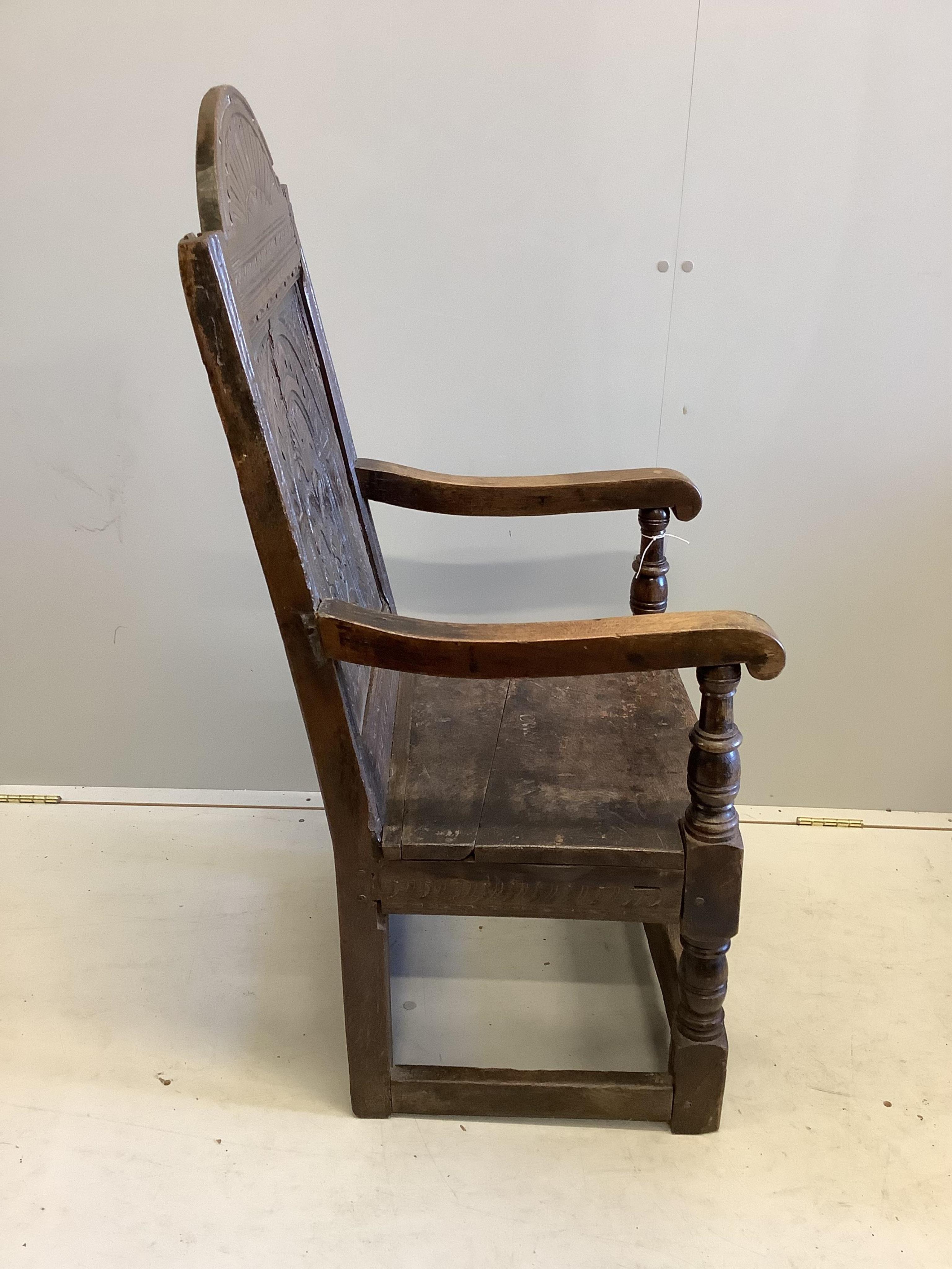 A 17th century and later oak Wainscot chair, width 51cm, depth 51cm, height 109cm